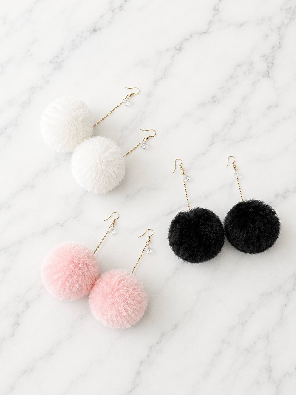3 pair-Black/White/Pink fur pom pom earrings with gold chain & crystal detail